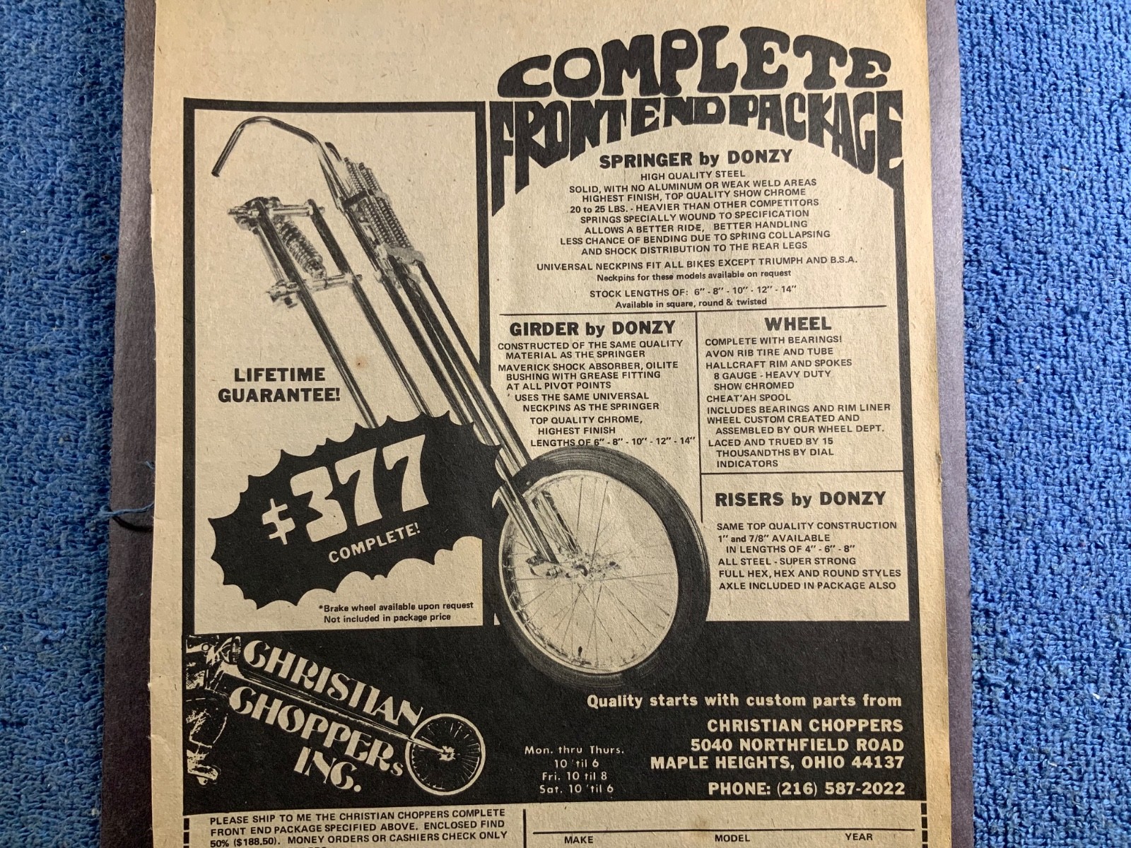 1975 Print Ad. Christian Choppers Inc. Maple Heights, Ohio. Springer by Donzy