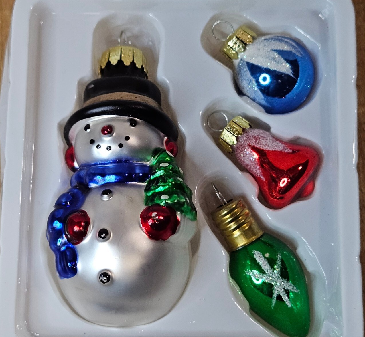 Snowman Green Light Red Bell Blue Bulb Hand Painted Glass