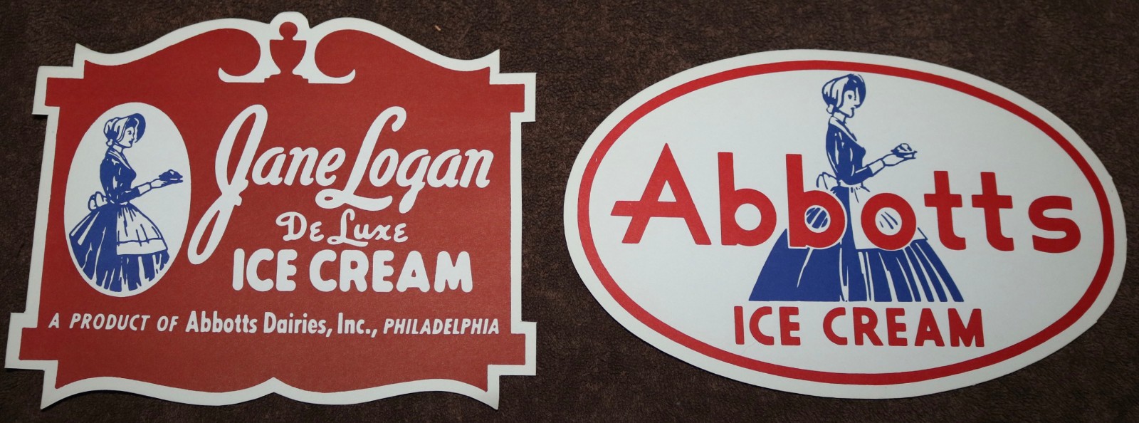 VTGE 1950\'S JANE LOGAN & ABBOTT DAIRIES ICE CREAM LITHO  PRINTED DECAL SIGNS