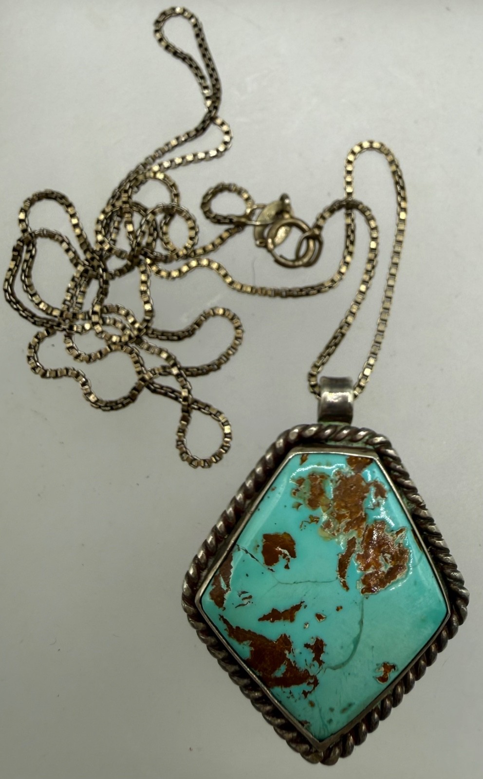 VINTAGE STERLING SILVER TURQUOISE NAVAJO GEOMETRIC PENDANT CHAIN NECKLACE 18