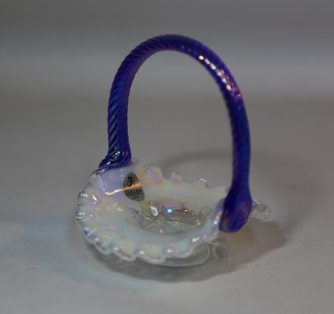 Fenton Art Glass ~ French Opalescent Iridized Basket ~ Miniature Glass Basket