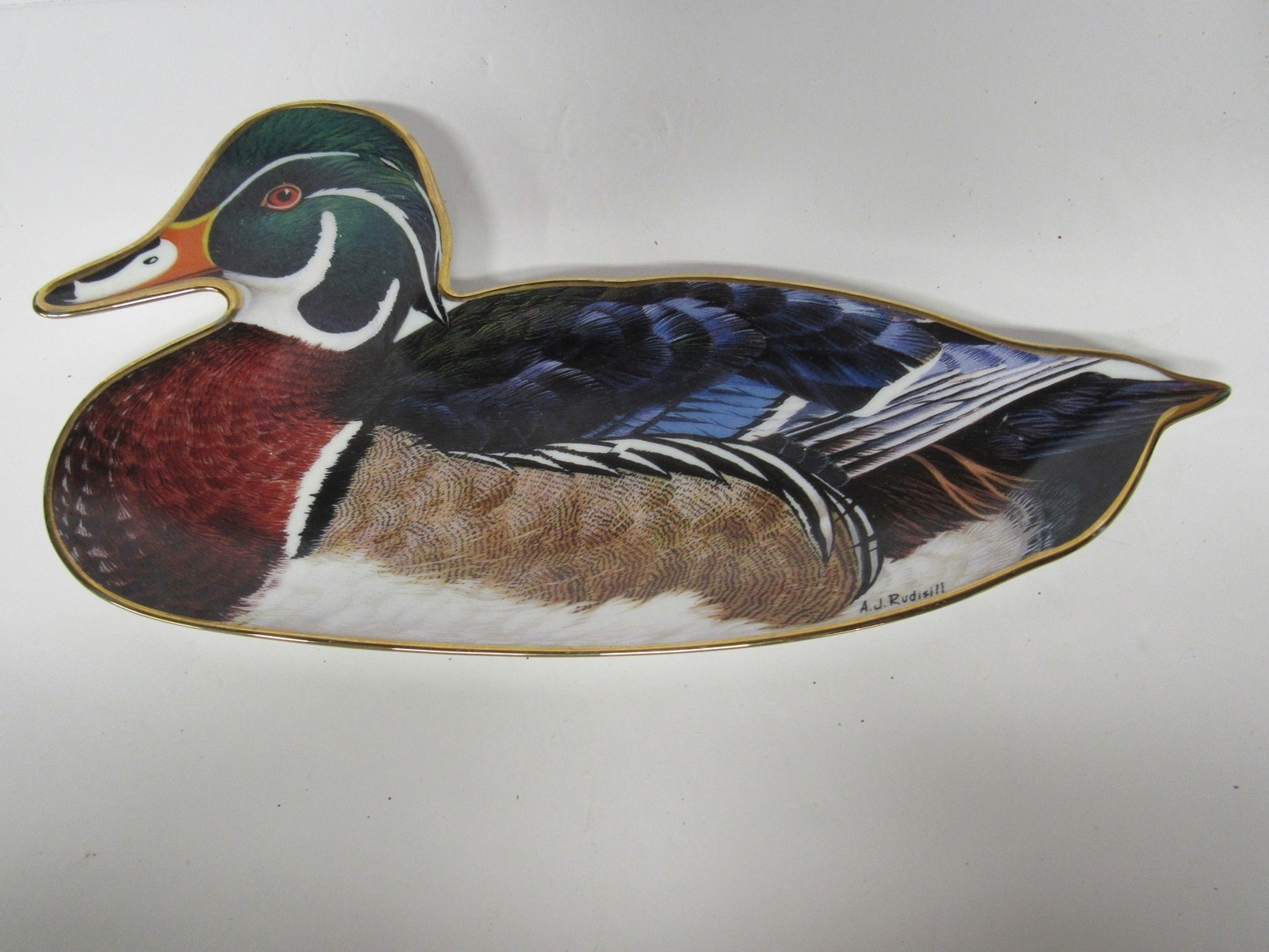 Vintage Wood Duck by A.J. Rudisill Fine Porcelain Trinket Dish Wall Decor