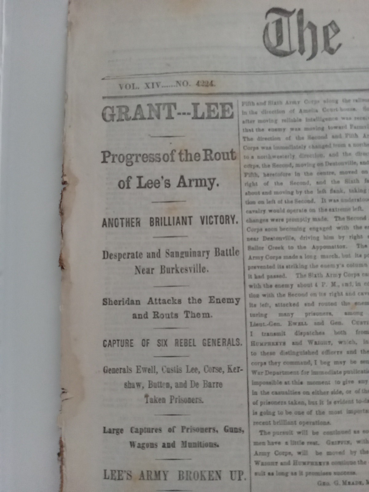 April 8, 1865 - DAY BEFORE APPOMATTOX -End Of Civil War-New York Times Newspaper