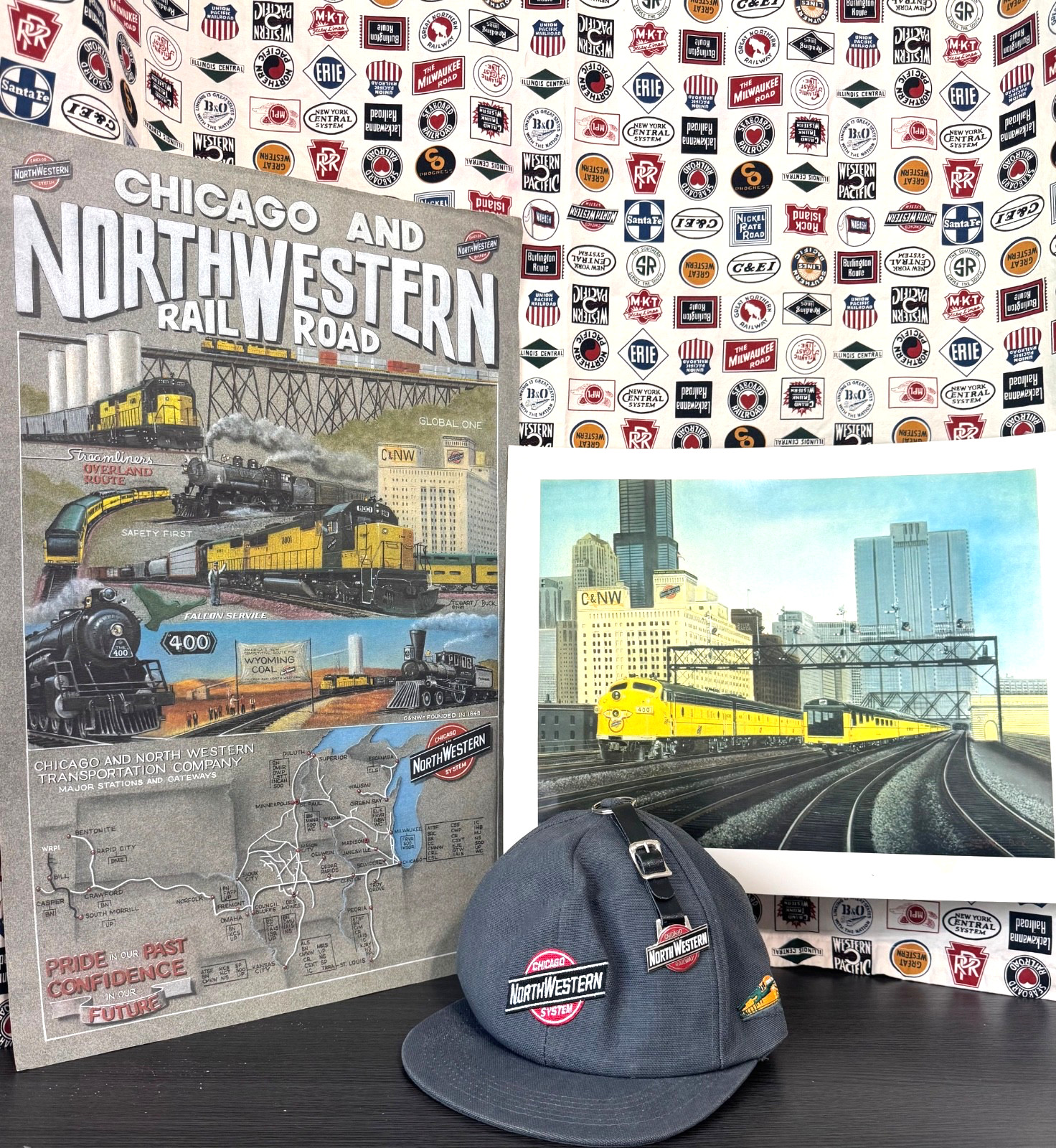 Chicago & NorthWestern Railroad- 1 Poster/1 Print/Cap/Watch Fob/RR Logo Curtain