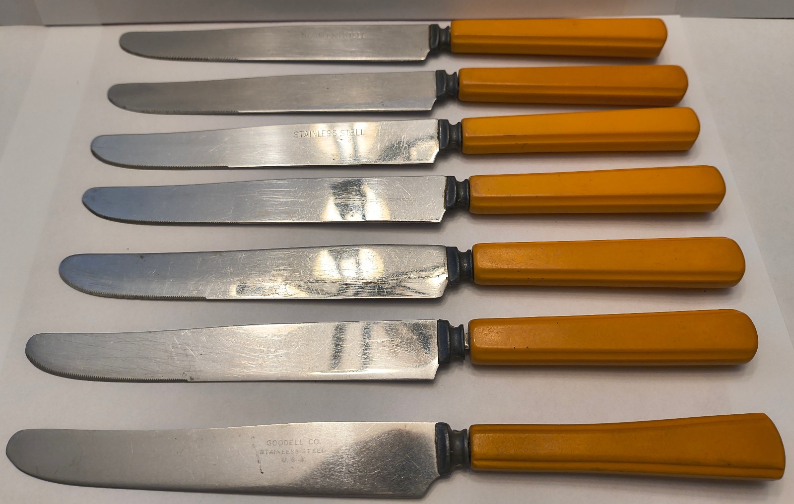 Antique Goodell Butterscotch Stainless Steel Bakelite Dinner Knives