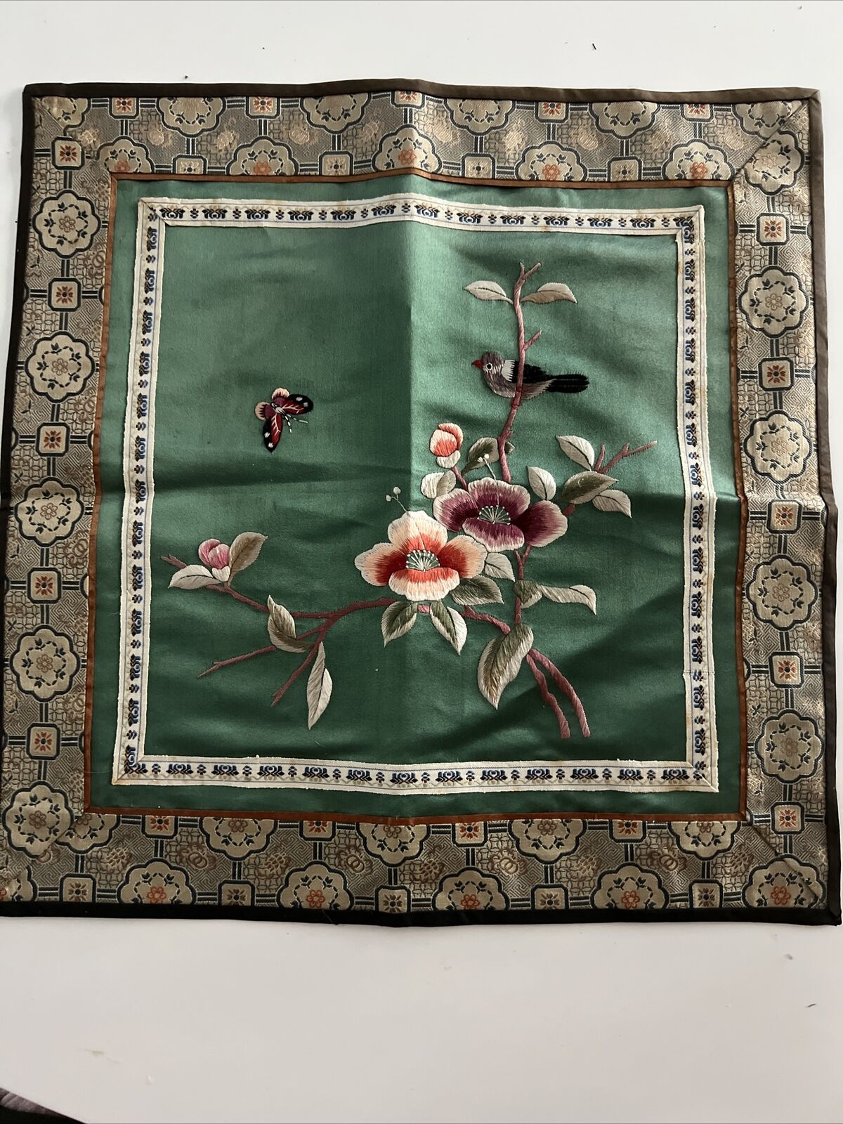 VTG Silk Embroidery Panel BIRD & Flowers 16”x 17” Frameable Antique