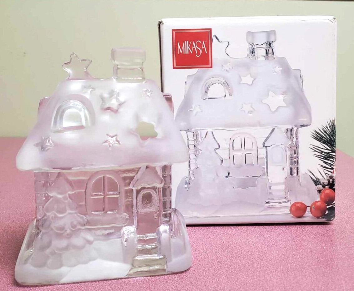 Mikasa - Winter Cottage / House Frosted Crystal-Glass Tealight Candleholder WOB
