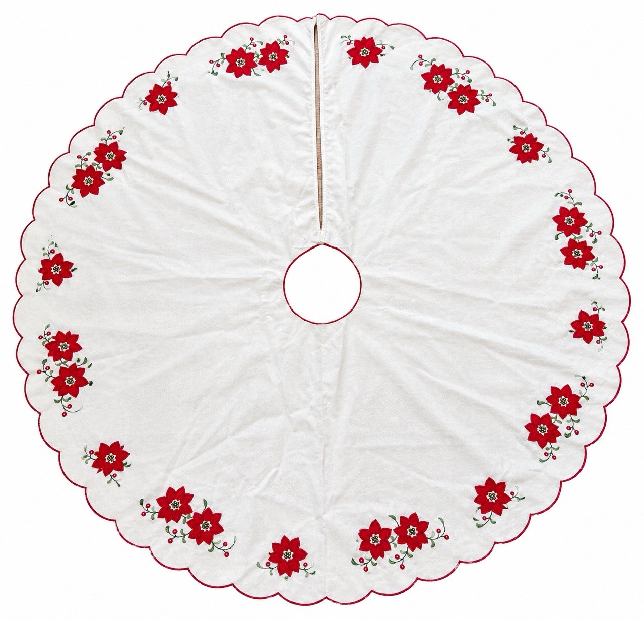 Vintage Ann’s Christmas Tree Skirt 40” Cotton Poinsettia Applique Embroidered