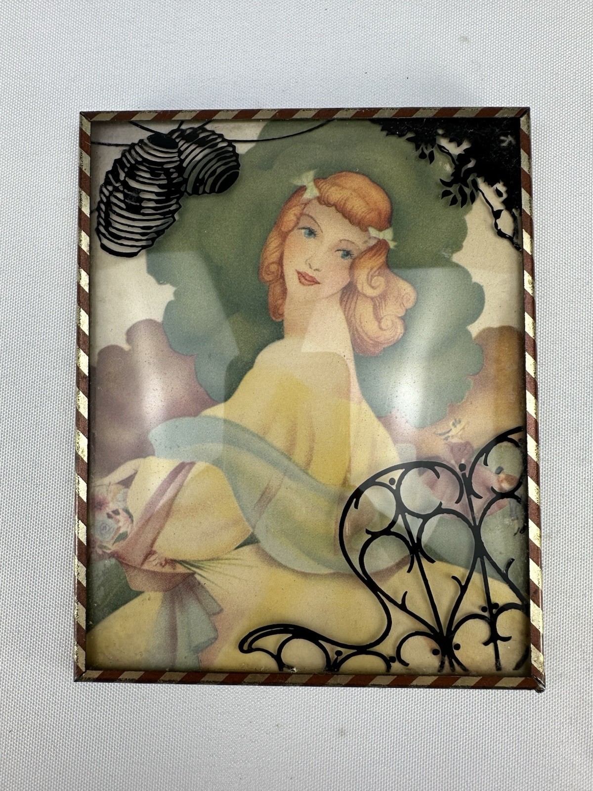 Vtg Morris & Bendien Lithograph Picture Lady Sandra Convex Glass Reverse Paint