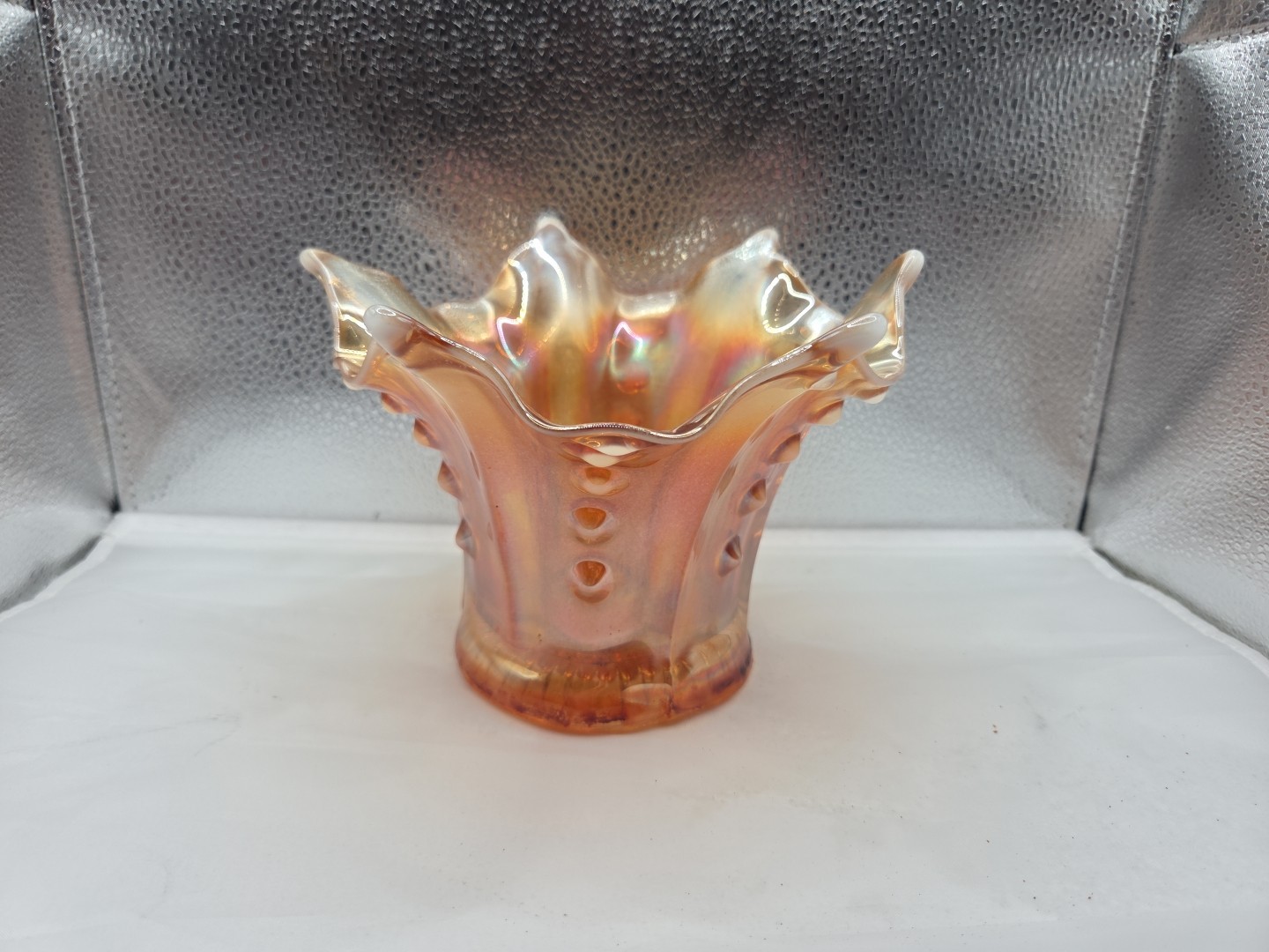 Vintage Peach Opal Carnival Glass Vase 4.5\