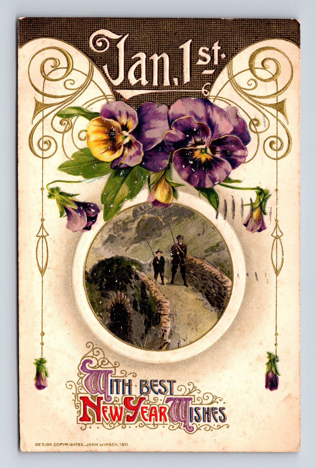 1912 JOHN WINSCH New Years Father Son Fishing Pansy Flower Art Nouveau Postcard