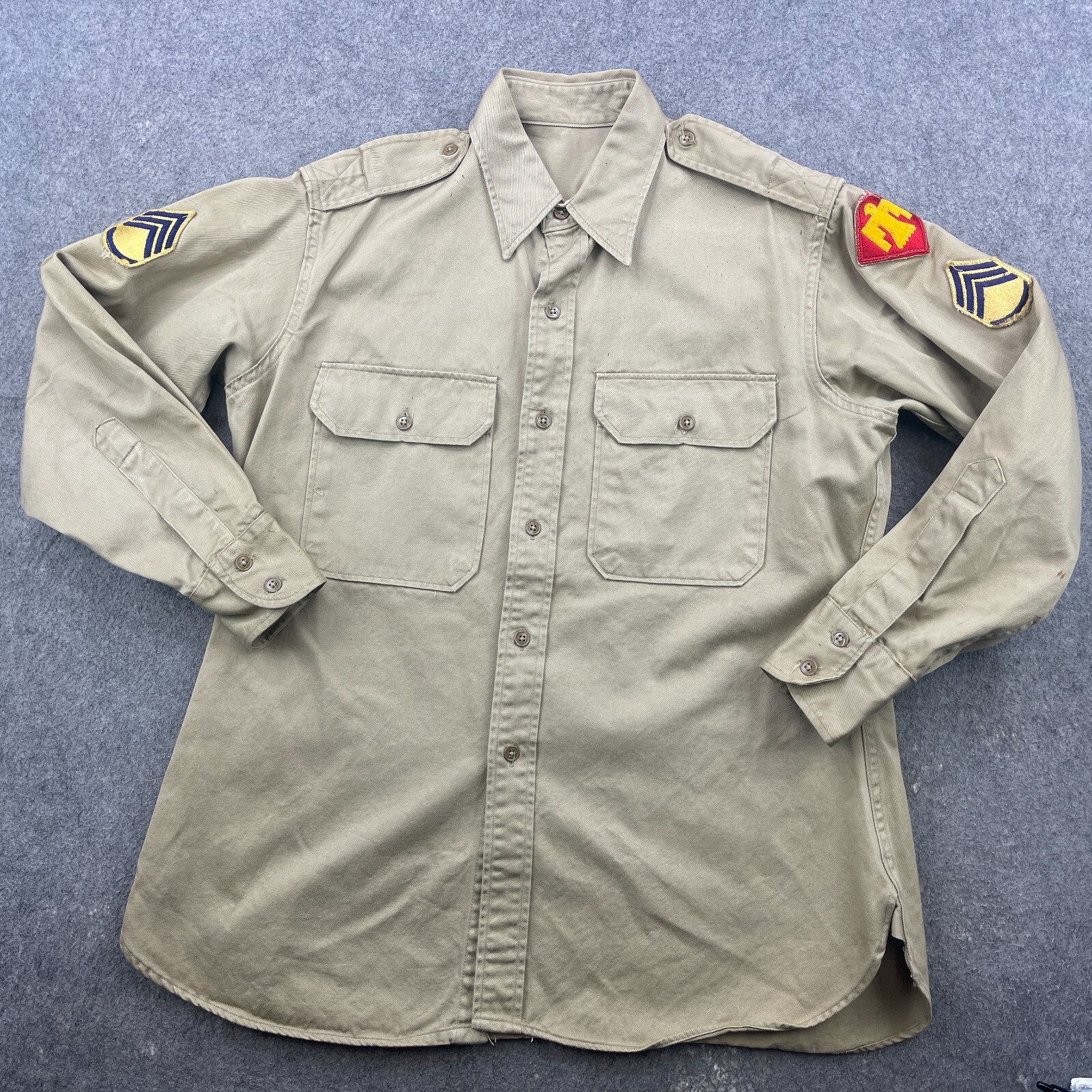 US Military Shirt Mens Army Korean War 1950s Long Sleeve Carlisle Patches