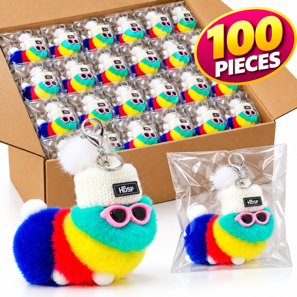 100 PCS Kawaii Cute Caterpillar Plush Keychain Fluffy Worm Bag Charm Wholesale