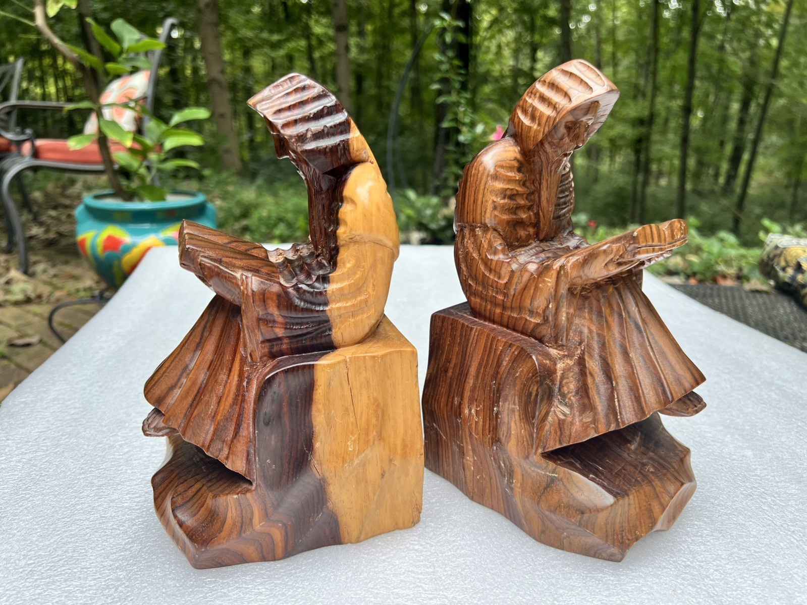 Vintage Hand Carved Hard Wood Old Monks Reading Bookends