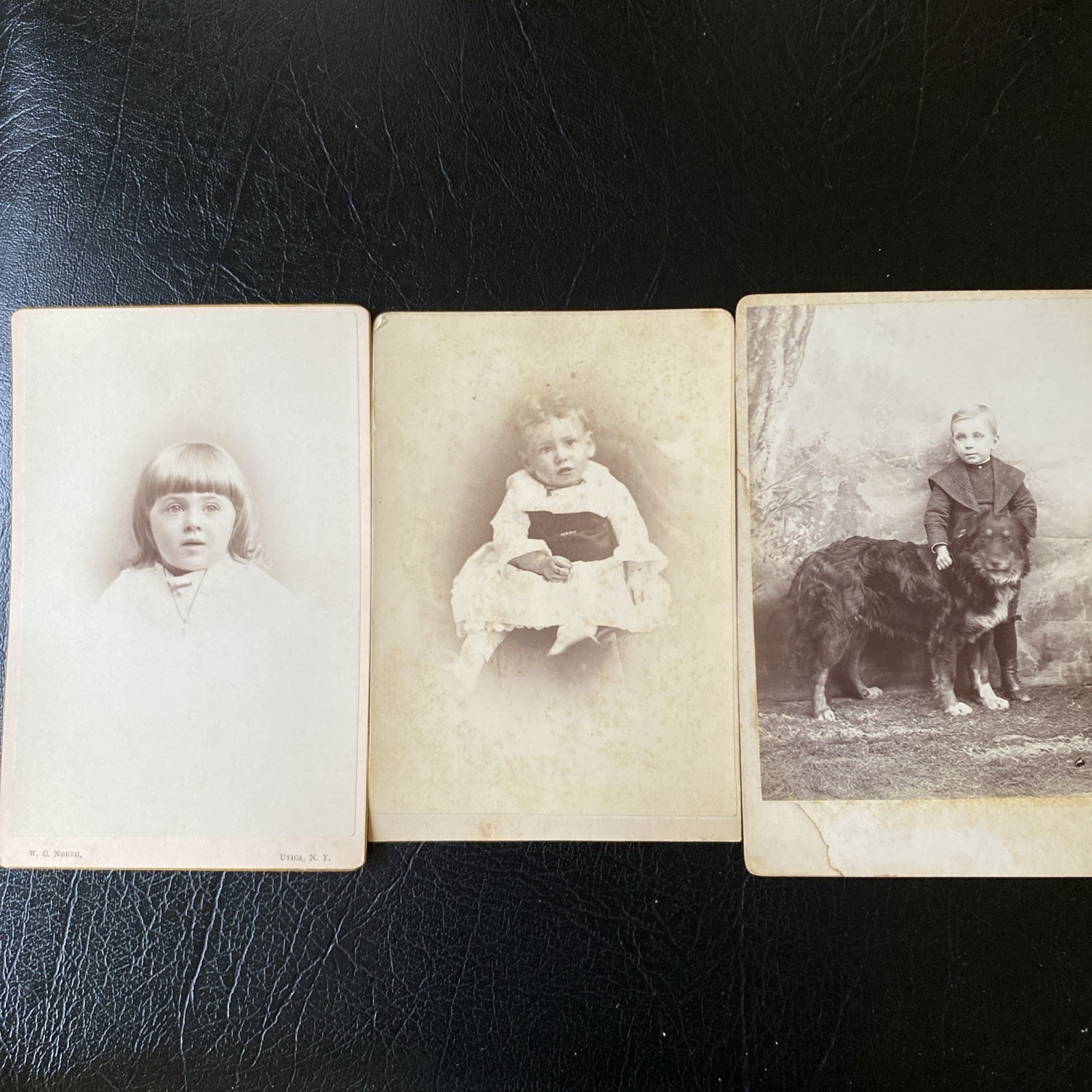 VTG Cabinet Cards Children Photographs Boy w Dog Utica NY Fulton St Brooklyn