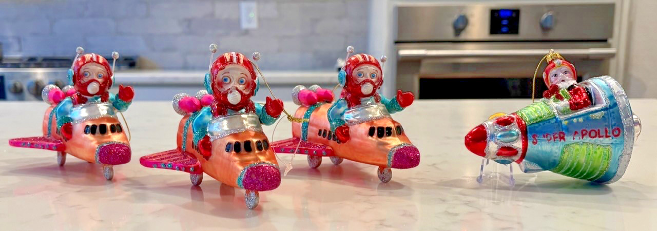 Set Lot of 4 Celebrate It Rocket Space Ship Santa Hand Blown Glass Ornament