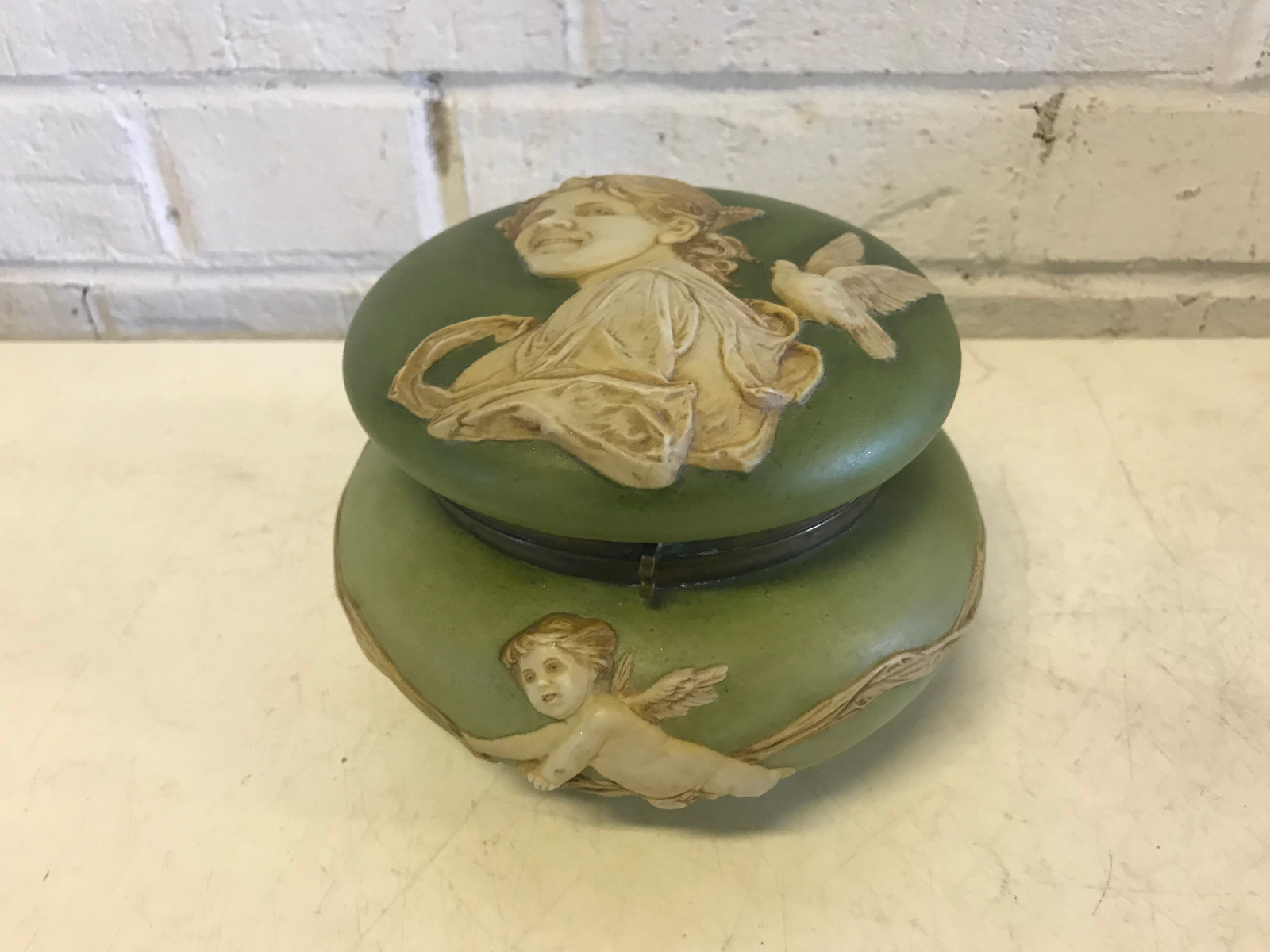 Antique Likely European Ceramic Powder Jar Vanity Box w Woman Cherubs Decoration Antique Likely European Ceramic Powder Jar Vanity Box w Woman Cherubs Decoration