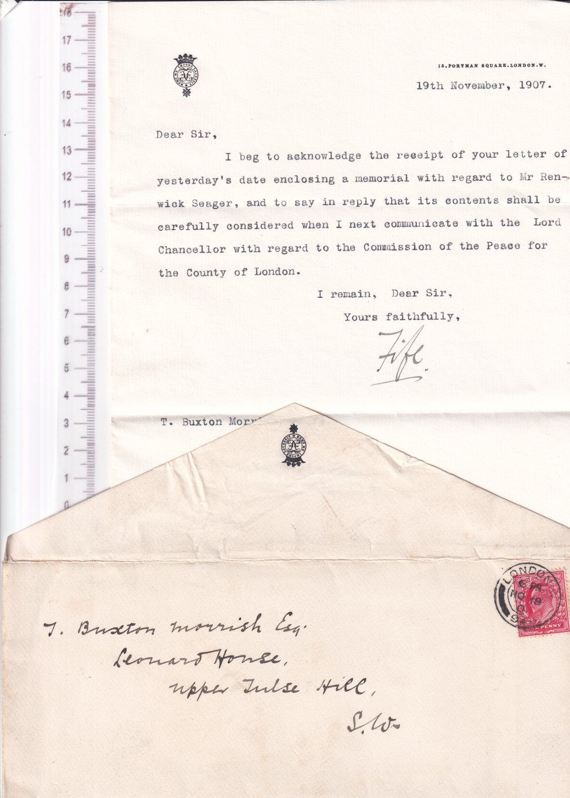 1907 1st Duke Fife Letter - JP Memorial for J R Seager to Sir T B  Morrish + Env