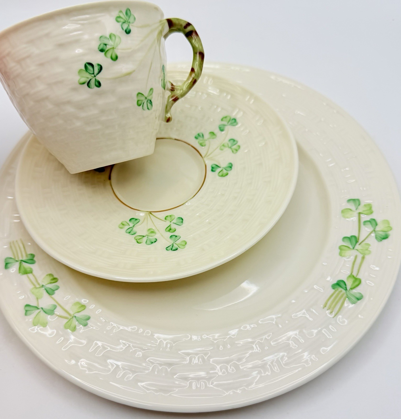 Vintage Irish Belleek Shamrock Basketweave Cup Saucer & Plate Trio Mixed Marks