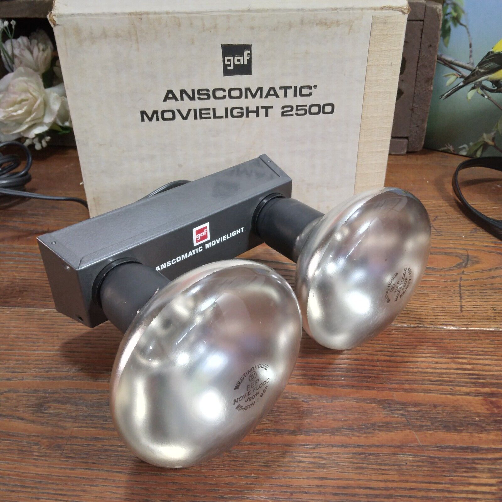 GAF Vintage Lamp, Anscomatic Movie Light (2 Bulb) Model No 2500 w/Orig Box WORKS
