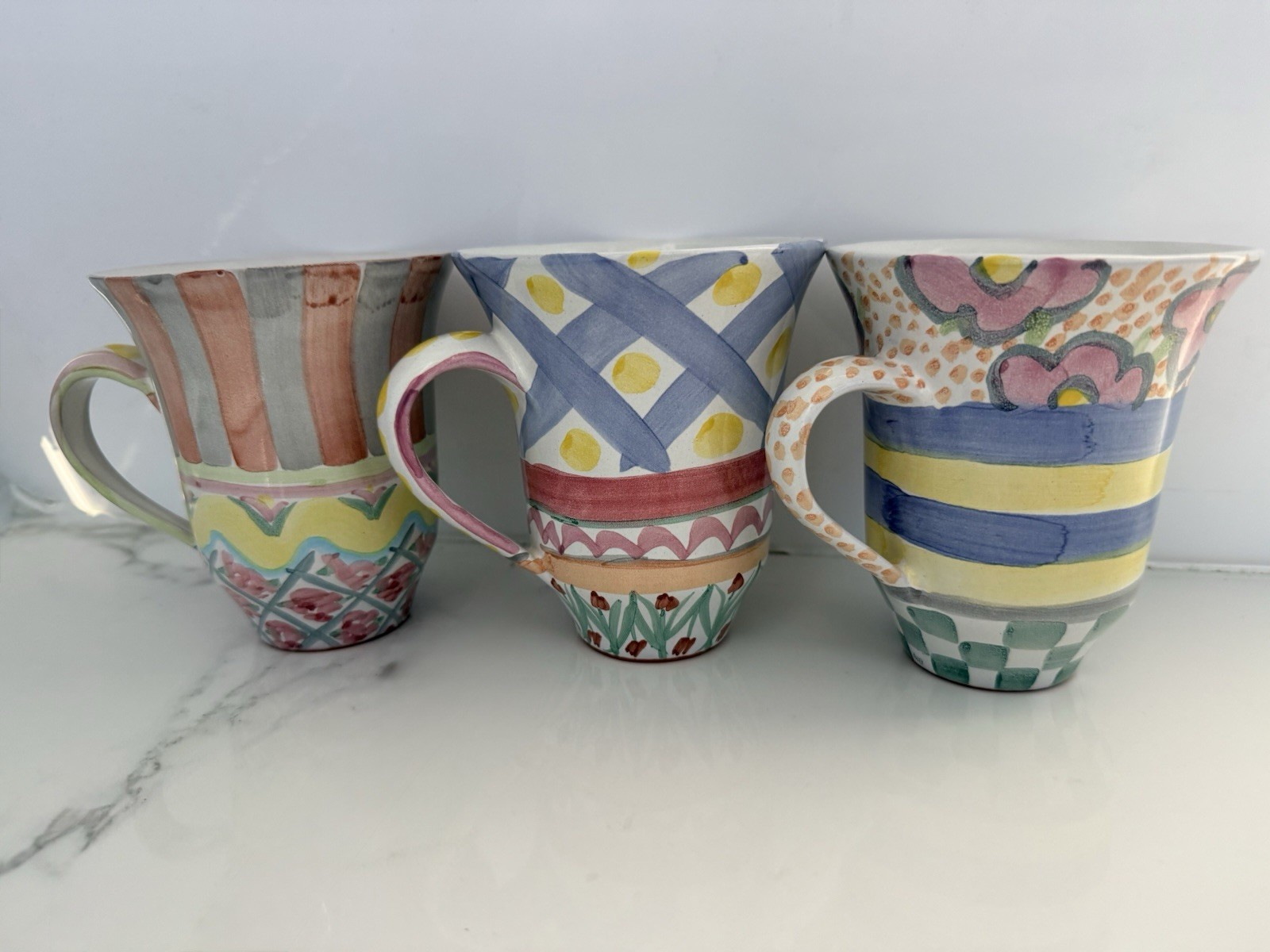 Vintage 1996 MacKenzie Childs Hand Painted Terracotta Taylor Mug Set Trio