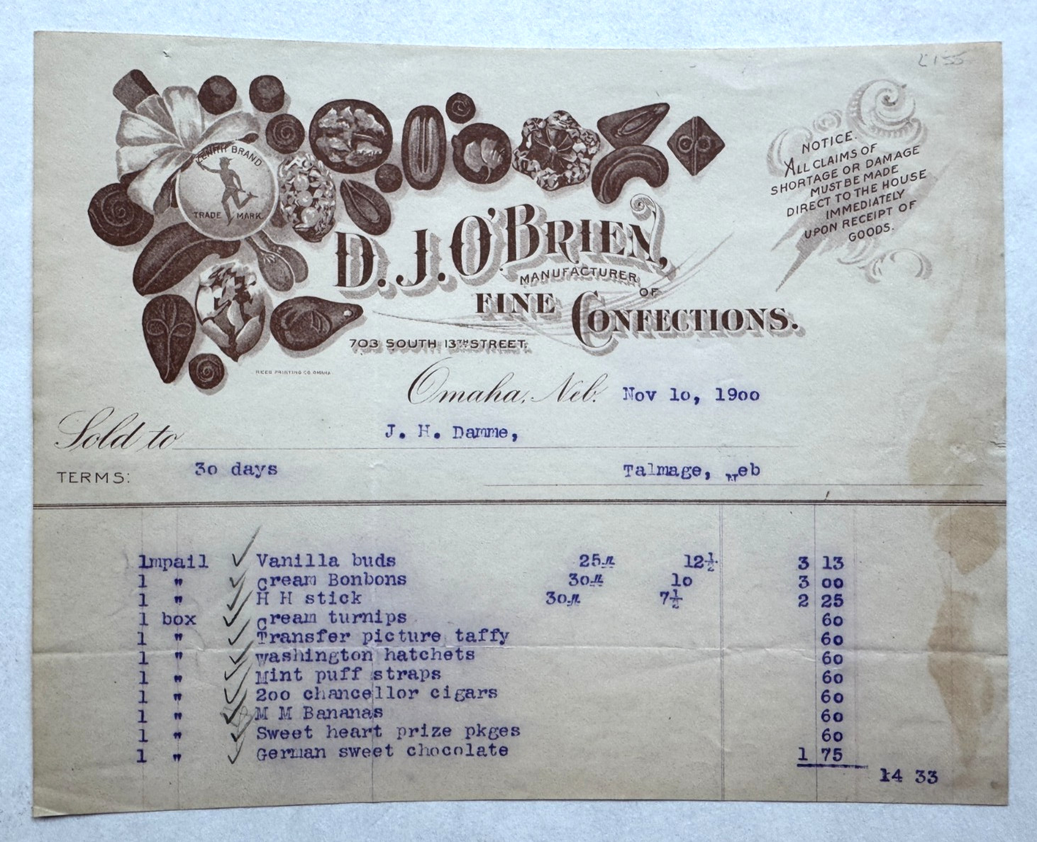 Vtg 1900 Billhead Omaha NE DJ O\'Brien Fine Confections South 13th St vignette