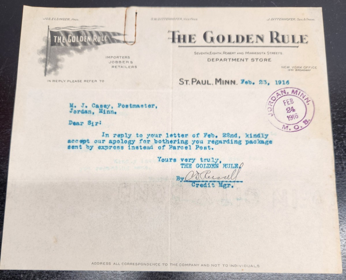 VTG 1916 Billhead of The Golden Rule Dept. Store of St Paul Minnesota