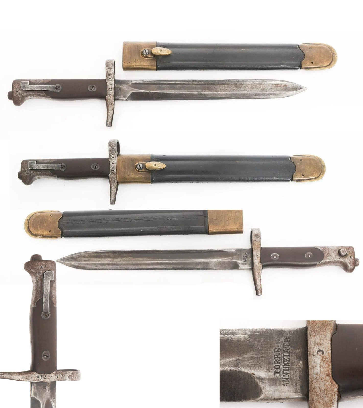 WWI Italian Bayonet M 1870 with Vetterli Bayonet Leather Scabbard brass fitting