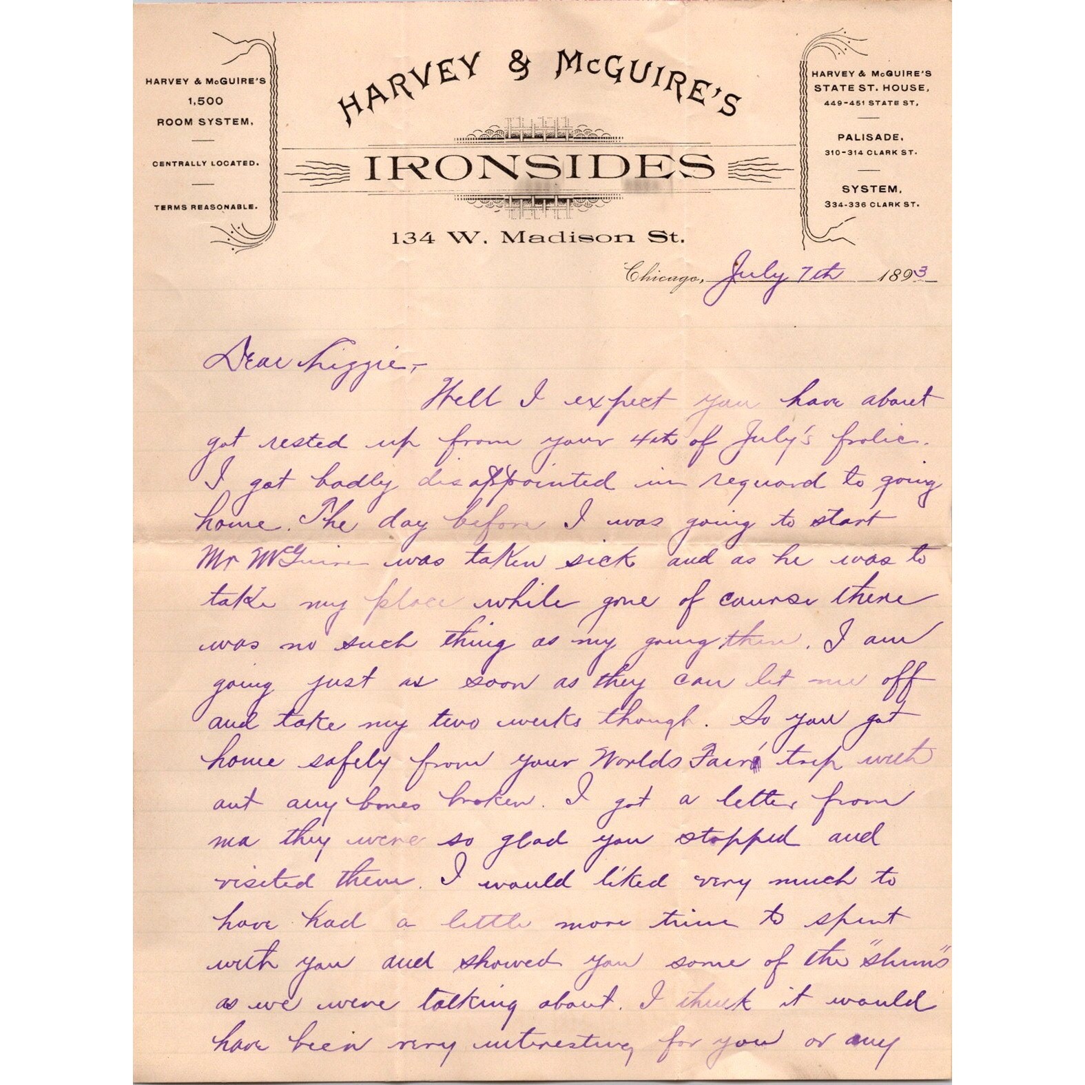 1893 Harvey & McGuire\'s Ironsides Madison St. Chicago Billhead J16