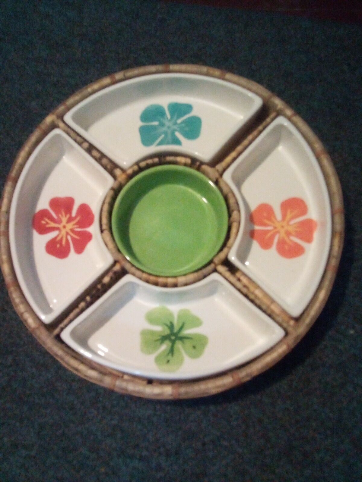 Hand Painted Tropical Hibiscus Divided Appetizer Serving Bamboo Tray Complete