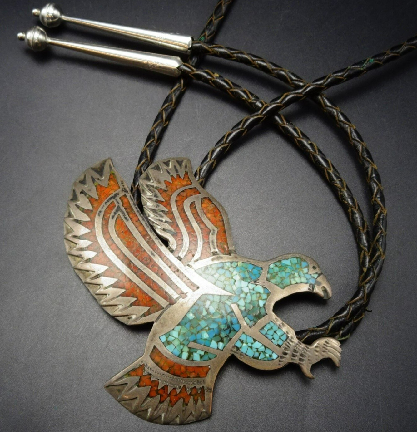 Majestic Signed Vintage EAGLE BOLO TURQUOISE CORAL CHIP INLAY Sterling Silver