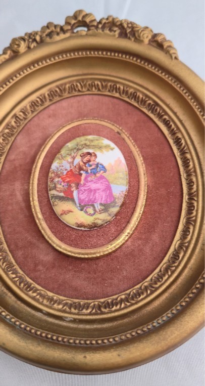 Vintage Porcelain Medallion Oval Gilt Frame Fragonard Style Romantic Wall Art