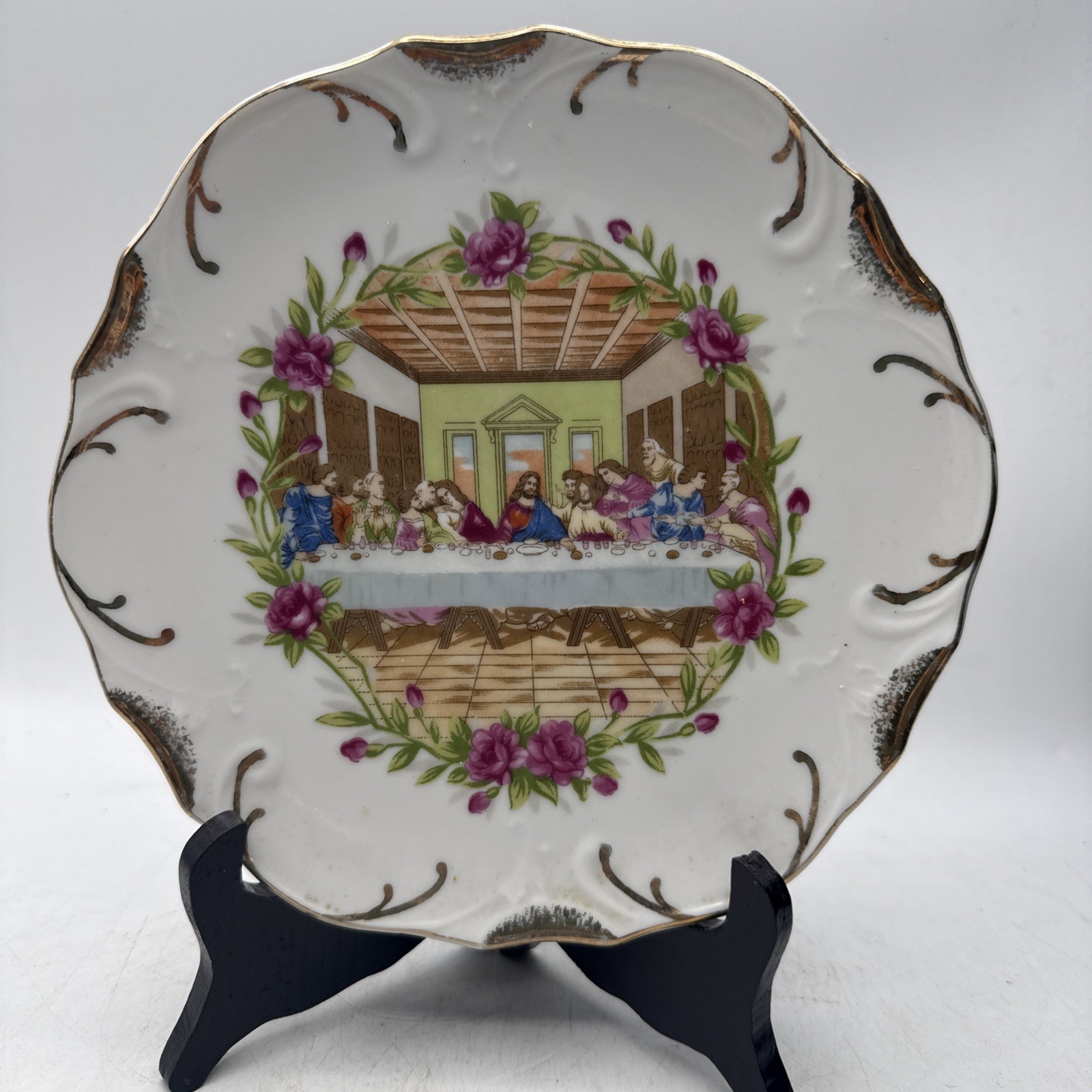 Vintage Last Supper Decorative Porcelain Plate 18K Gold Trim Japan