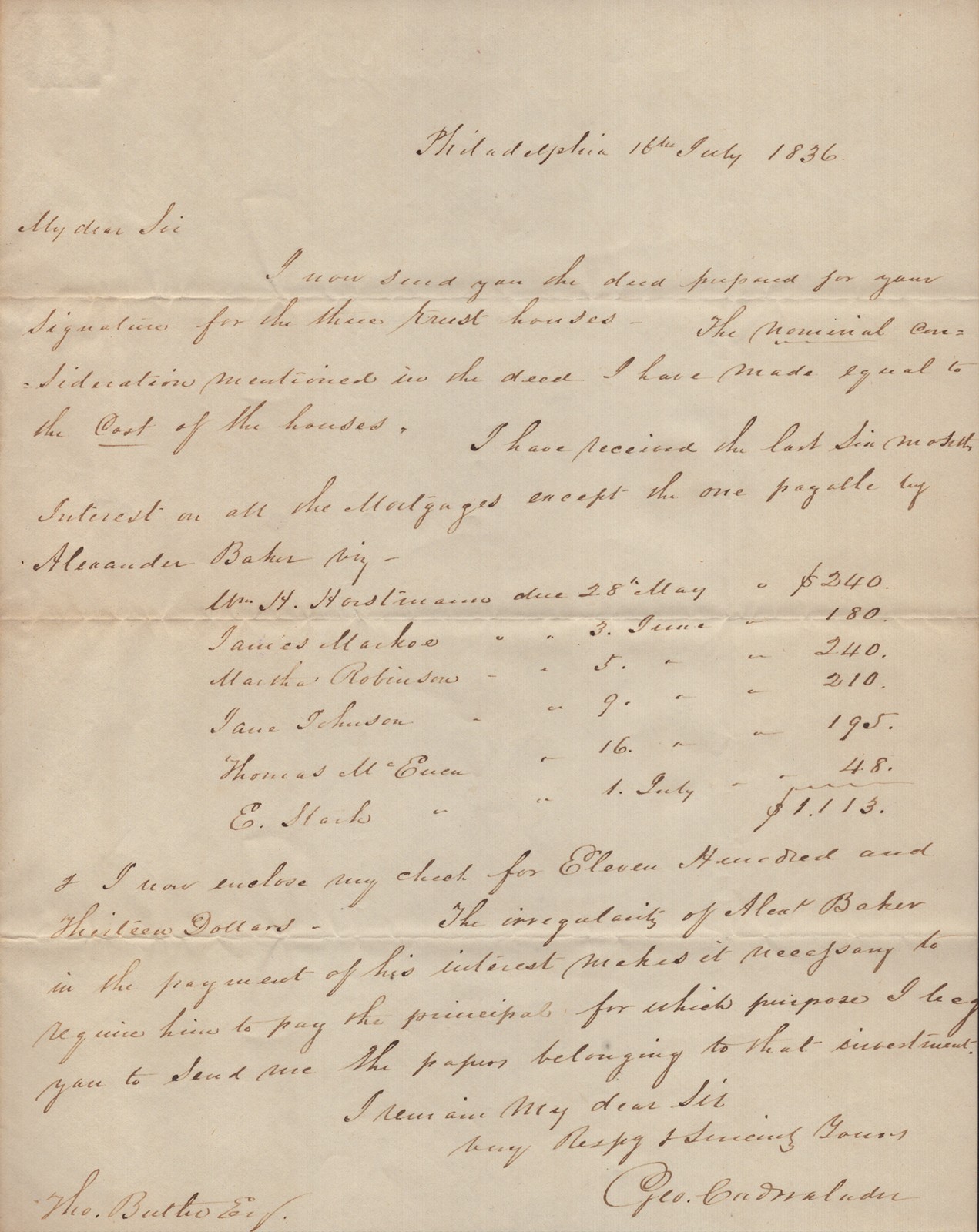 GEORGE CADWALADER - AUTOGRAPH LETTER SIGNED 07/16/1836
