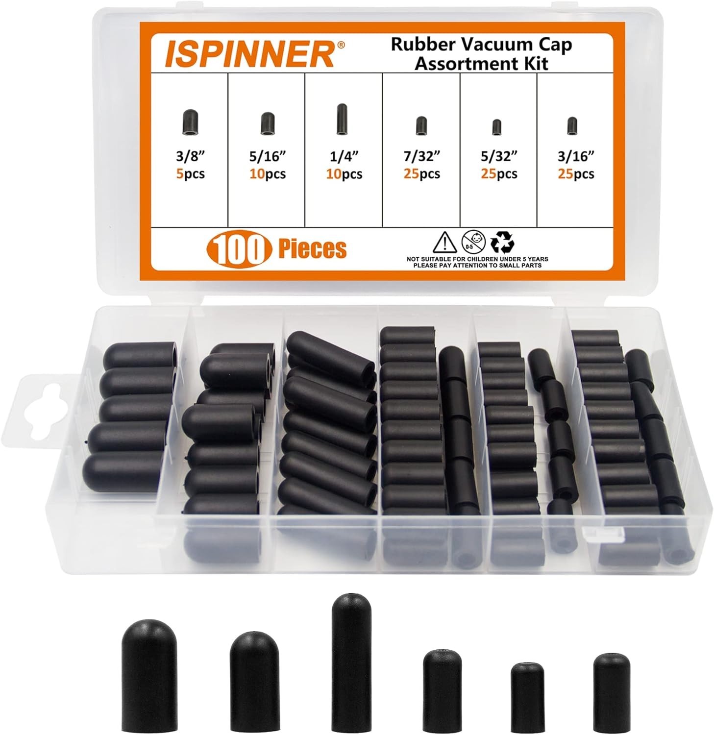 100Pcs Rubber Vacuum Caps Kit 3/16 5/32 7/32 1/4 5/16 3/8 Hose Carb Automotive