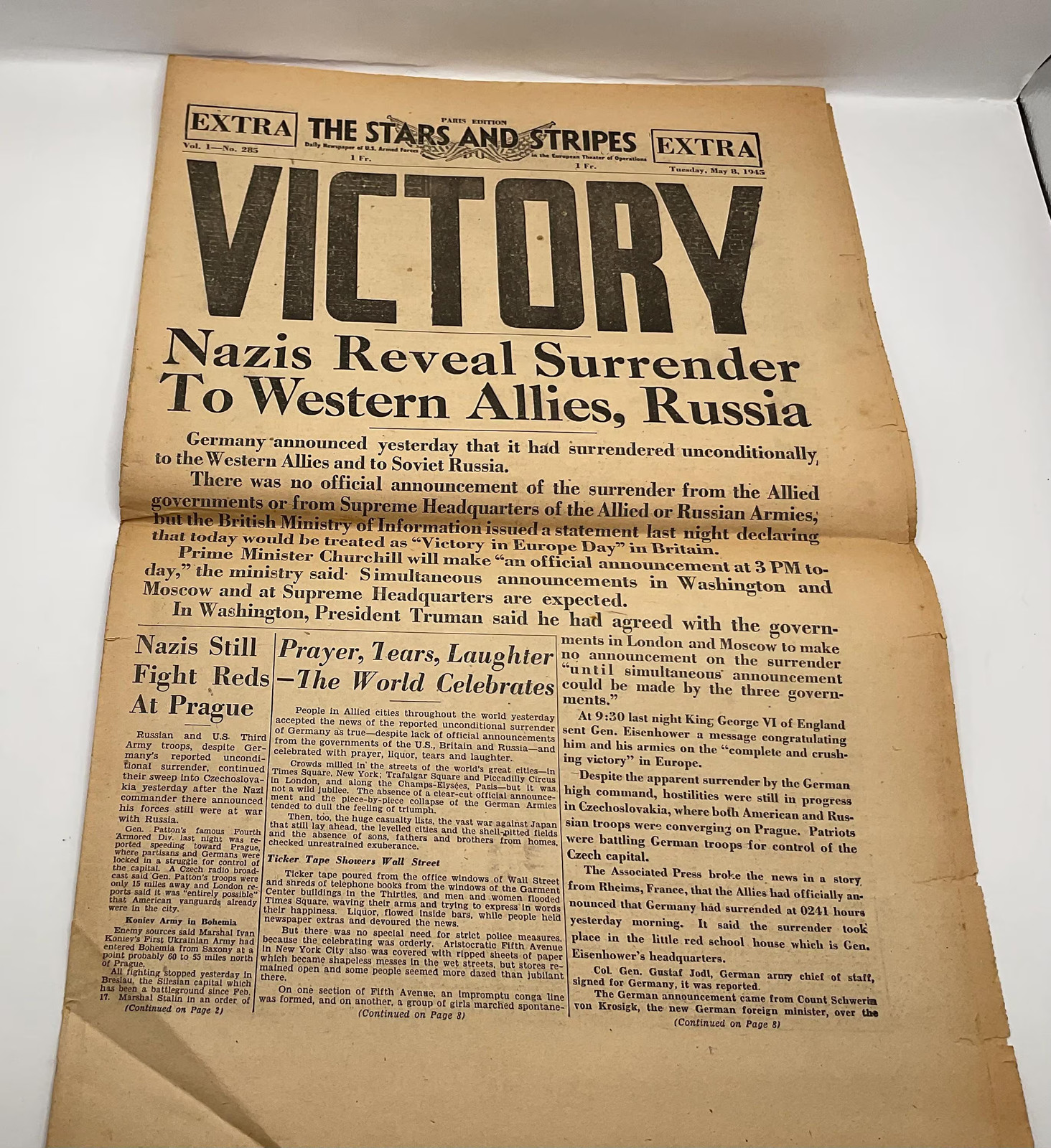 Rare Vintage May 8 1945 V-E Day Stars And Stripes Newspaper Victory Nazis Surre