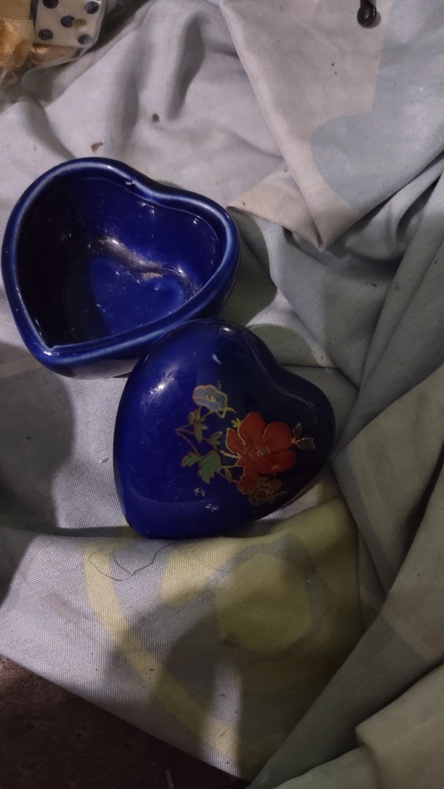 Vintage Cobalt Blue Little Mini Heart Shaped Trinket Box Taiwan.