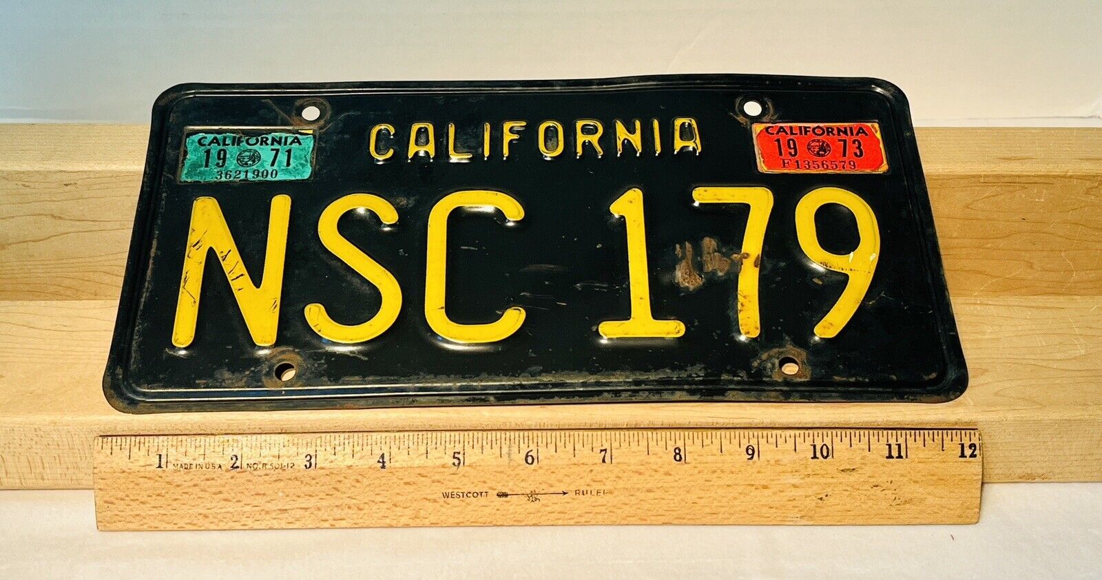 Vintage 1963 California Black License Plate NSC 179 Original Paint; 1971/73 Tags