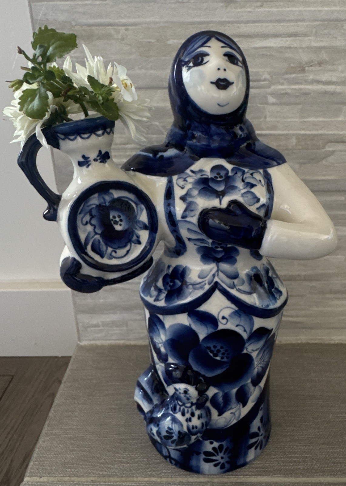 Russian Blue White Porcelain Gzhel Figurine Vase Handmade Handpainted 10” Signed Russian Blue White Porcelain Gzhel Figurine Vase Handmade Handpainted 10” Signed