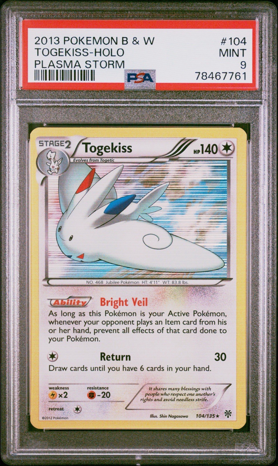 2013 Pokemon BW Plasma Storm Togekiss Holo #104 PSA 9 MINT