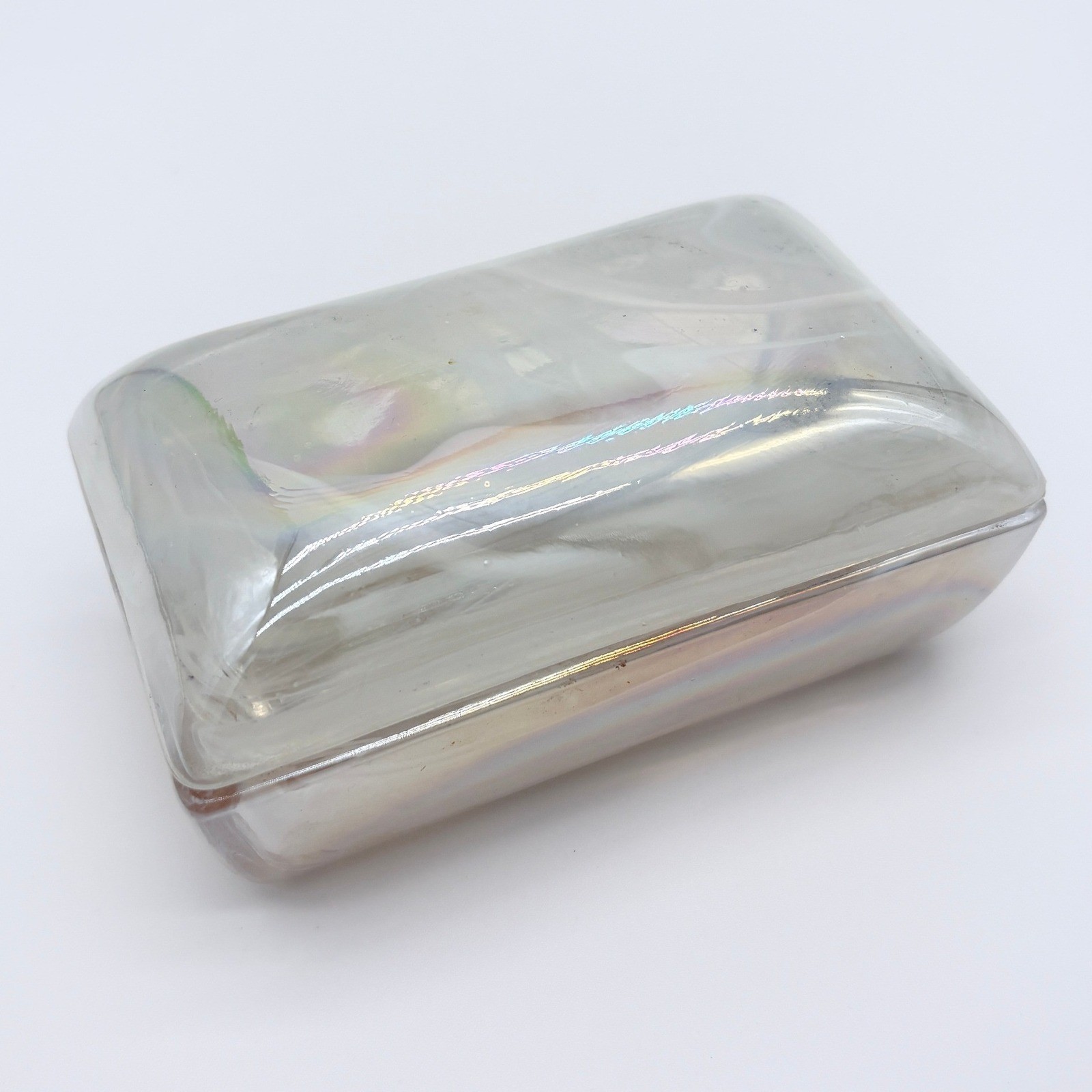 Vintage Crowning Touch Iridescent Carnival Glass Trinket Box White Opalescent