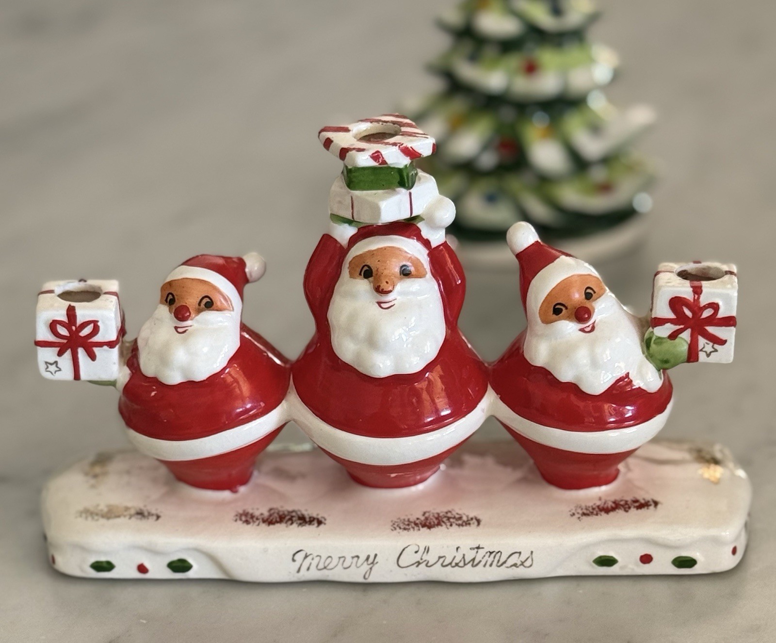 Vintage MCM 1950s Holt Howard Triple Santa Candle Holder - Vintage Christmas