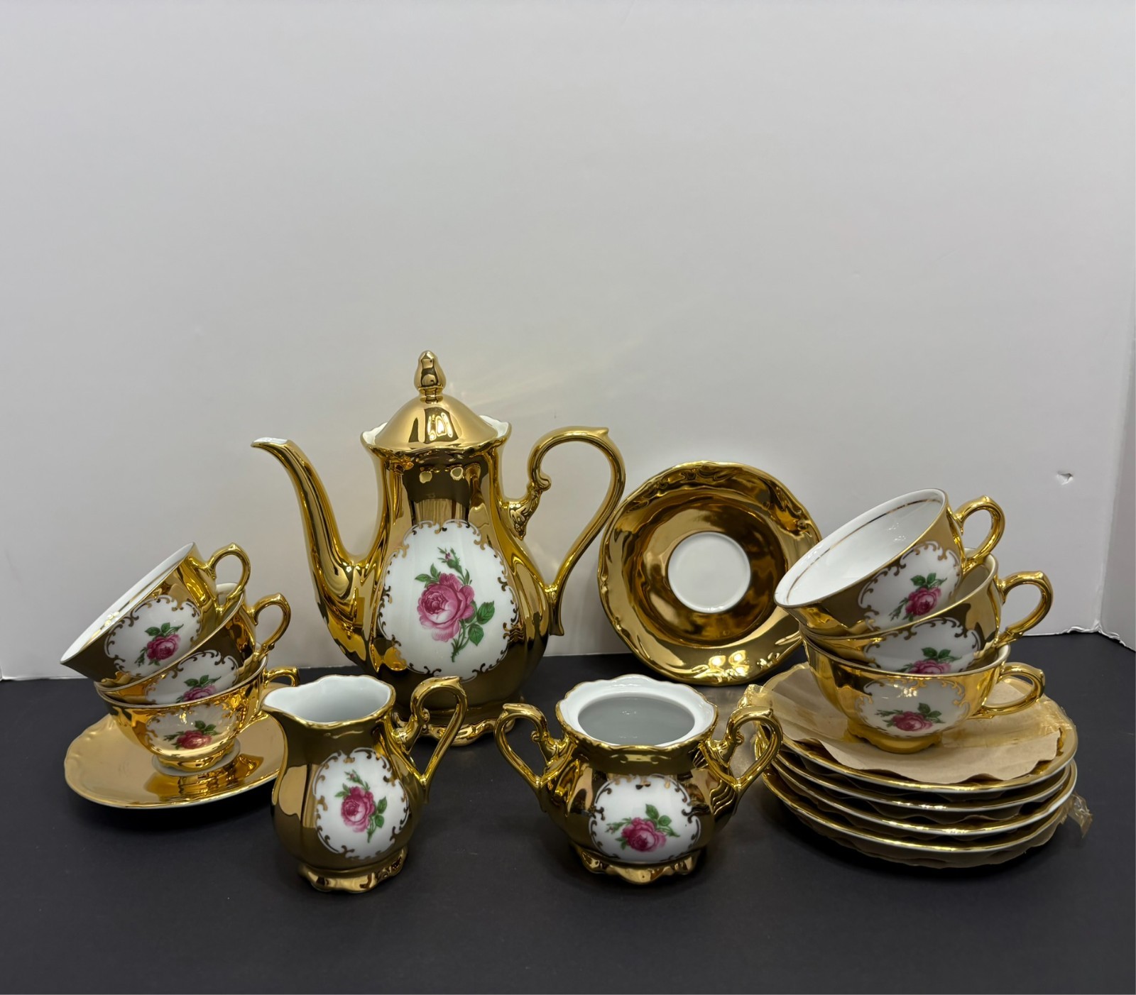 Vtg Tirschenreuth Bavaria Germany Gold Leaf Rose 16Pc Tea Set Sugar No Lid MCM Vtg Tirschenreuth Bavaria Germany Gold Leaf Rose 16Pc Tea Set Sugar No Lid MCM