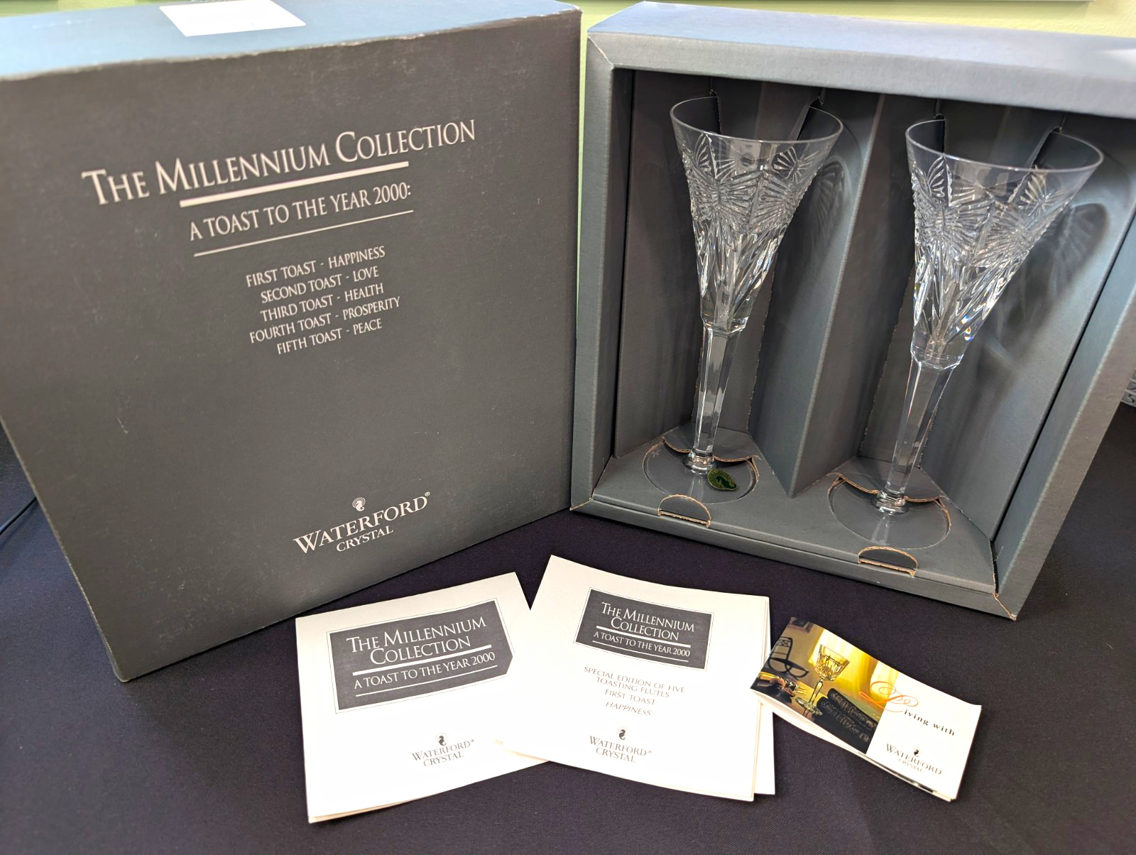 Waterford Crystal Millennium Collection Happiness Champagne Flutes Set of 2