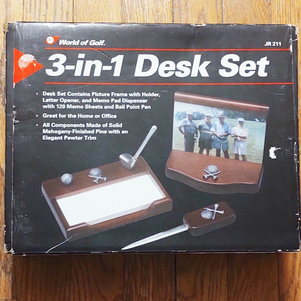 Vintage Golf Desk Set 3 - 1 Picture Frame Holder Letter Opener Memo Pad Rare 