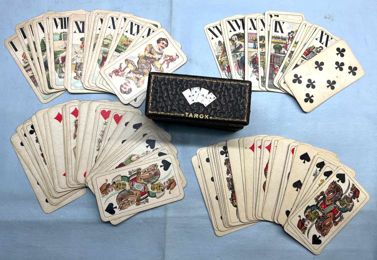 19th Antique Two Sets x 54 Austrian Tarock Tarok Playing Cards with Original Box