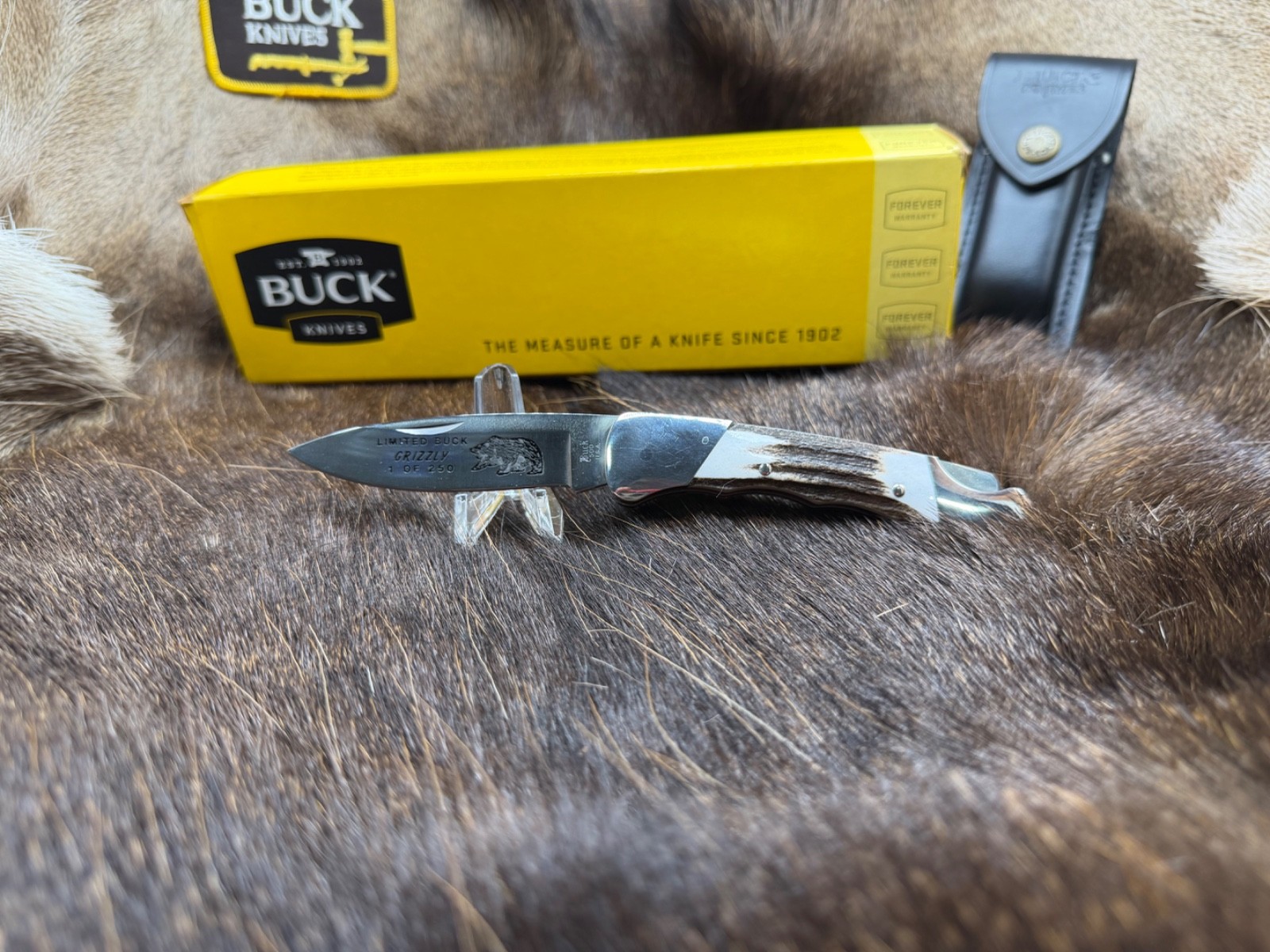 2015 Buck 500 Duke Elk Stag Spade Card Limited & Leather Sheath Mint & Rare