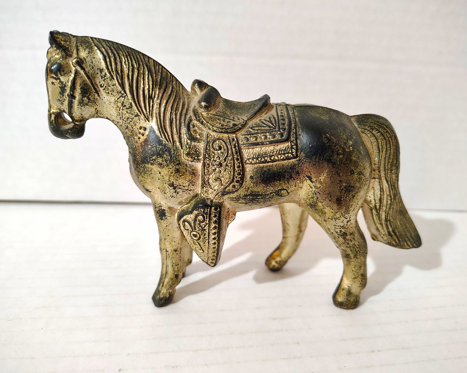 Vintage Silver Tone Metal Horse Figurine with Saddle Equestrian Decor