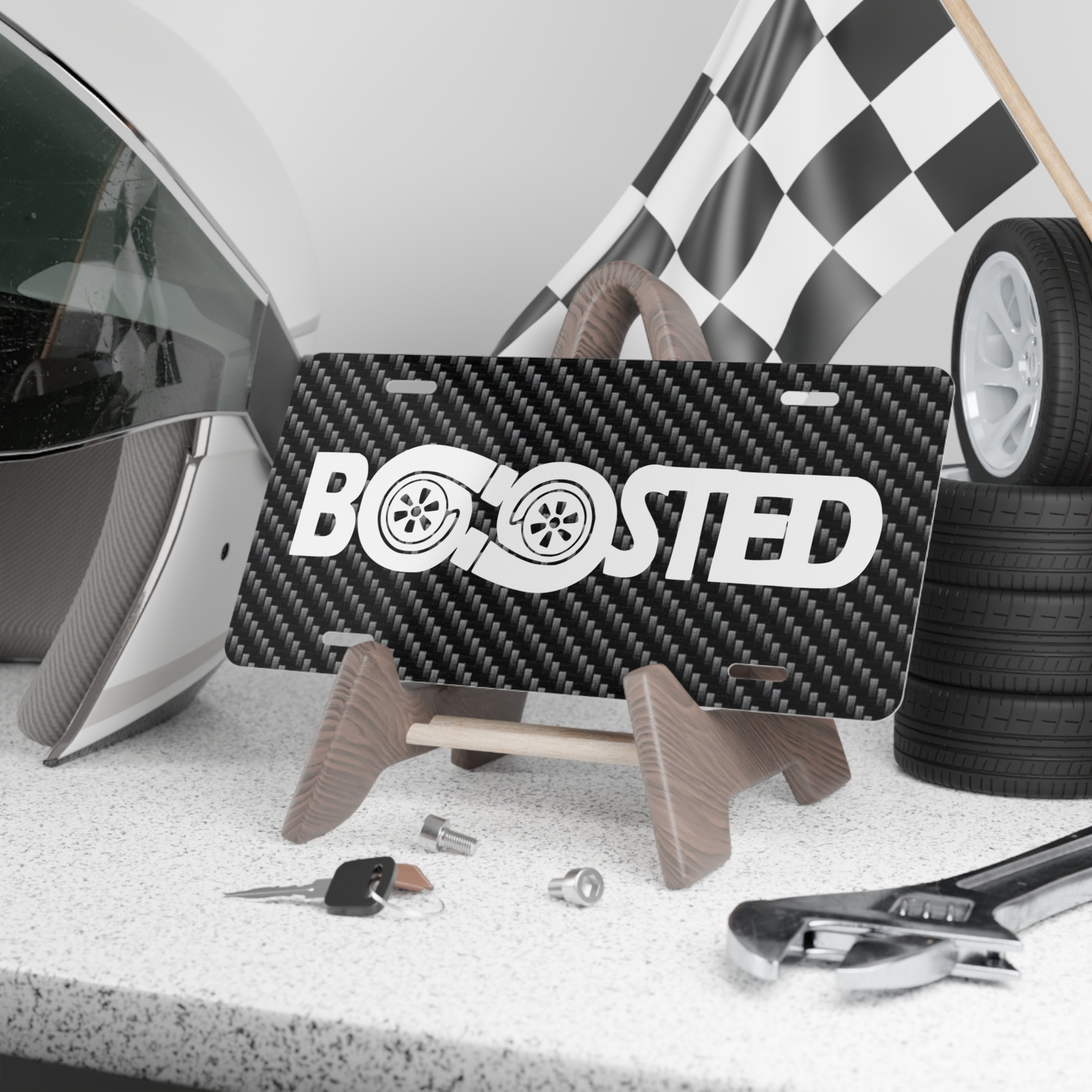 Custom Front Vanity License Plate Boosted Motorsports Design, Black Mesh
