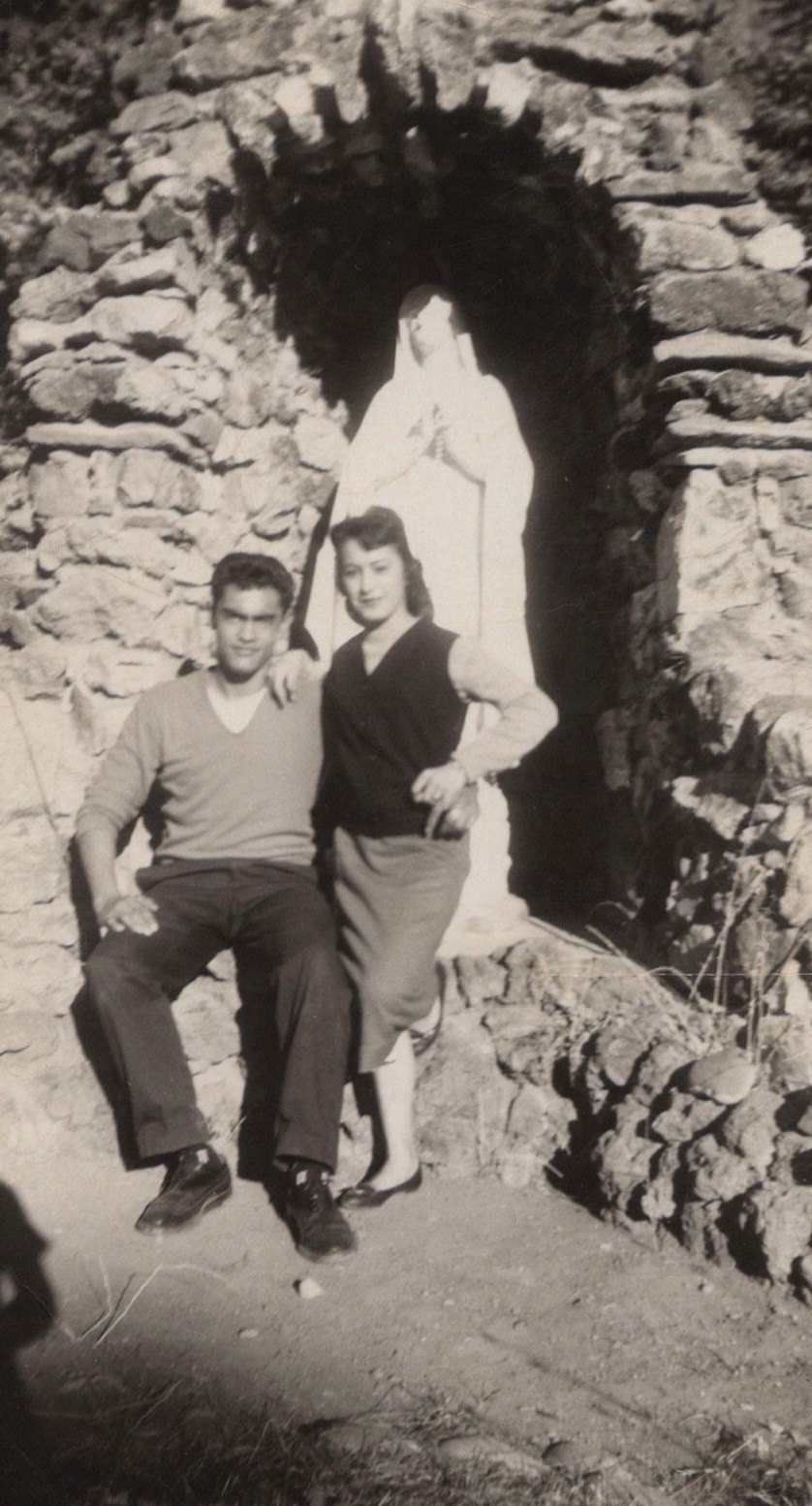 1958 Cute Couple Pretty Woman Handsome Man Virgin Mary Grotto Shrine Portrait